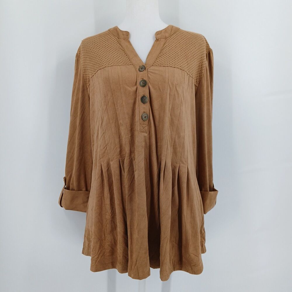 New Directions Womens Camel Tan Faux Suede Tunic Top Size large